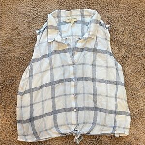 Cloth & Stone White and Blue sleeveless window pane Button Down tie front Shirt